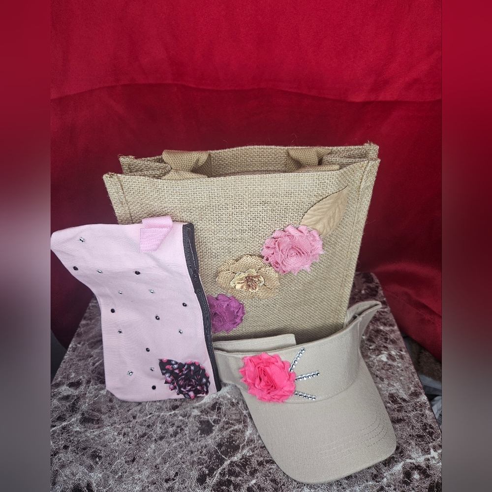 NWOT Set Natural Handmade Burlap Jute Bag Make Up Bag Pencil Case Sun Visor Cap